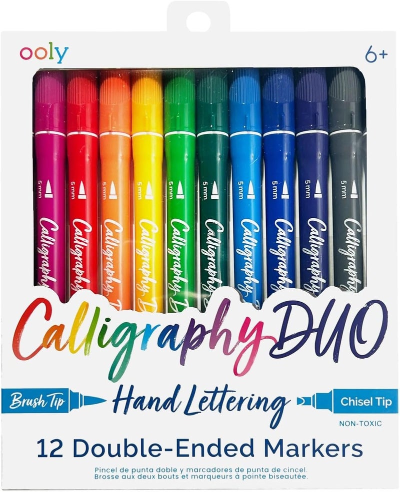 Ooly Calligraphy Duo - 12 Double Ended Calligraphy Pens for Writing & Hand Lettering, Dual Tip Pens for Beginners or Kids Includes 1 Brush & 1 Chisel Tip Pen in Classic Colors - Image 1